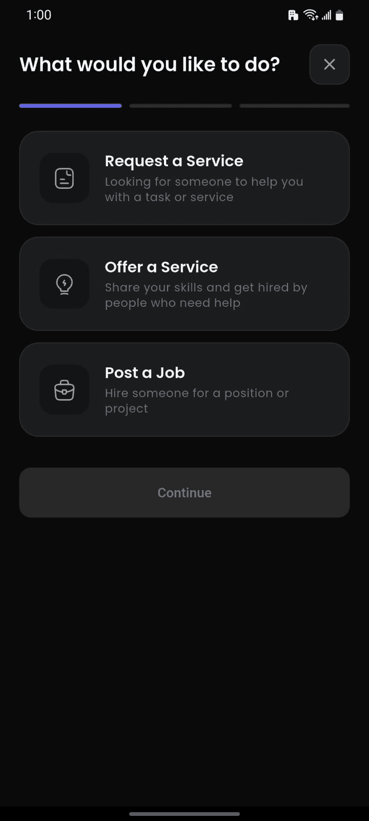 The Help24 posting screen asking What would you like to do, with three choices: Request a Service, Offer a Service, and Post a Job.